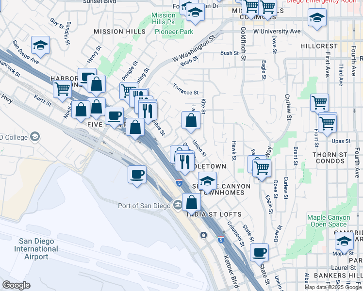 map of restaurants, bars, coffee shops, grocery stores, and more near 1501 Vine Street in San Diego