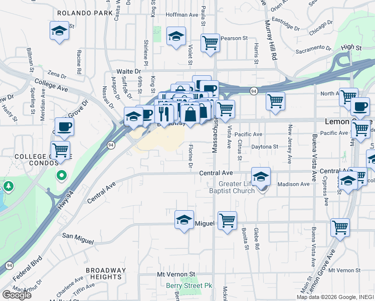 map of restaurants, bars, coffee shops, grocery stores, and more near 3185 Florine Drive in Lemon Grove