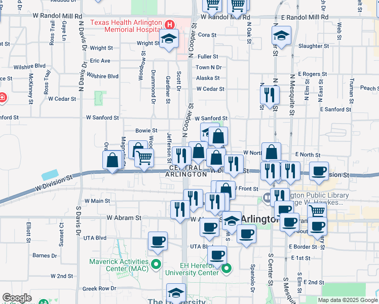 map of restaurants, bars, coffee shops, grocery stores, and more near 407 North Cooper Street in Arlington