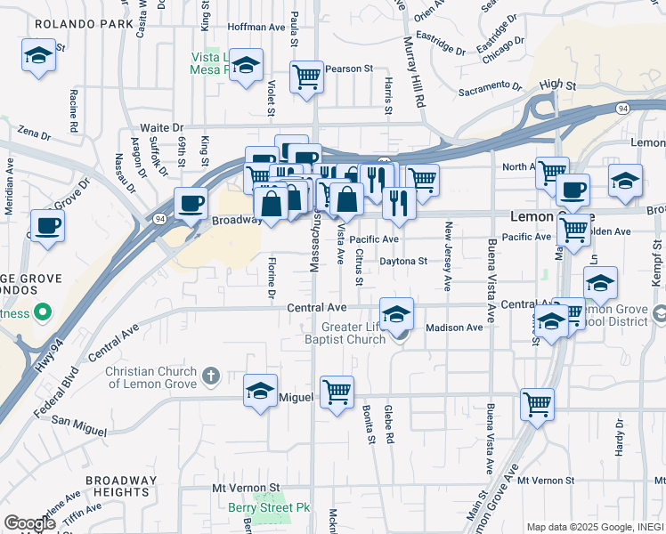 map of restaurants, bars, coffee shops, grocery stores, and more near 3218 Vista Avenue in Lemon Grove
