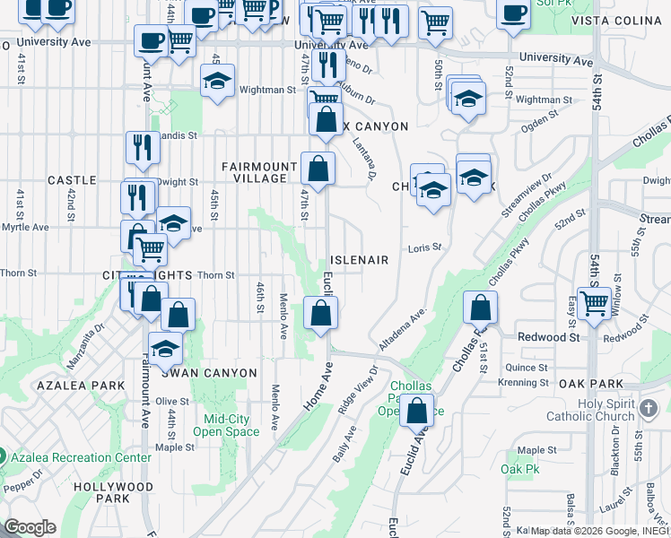 map of restaurants, bars, coffee shops, grocery stores, and more near 4772 Thorn Street in San Diego