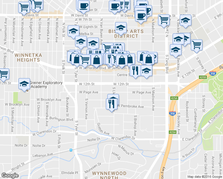 map of restaurants, bars, coffee shops, grocery stores, and more near 605 West Page Avenue in Dallas