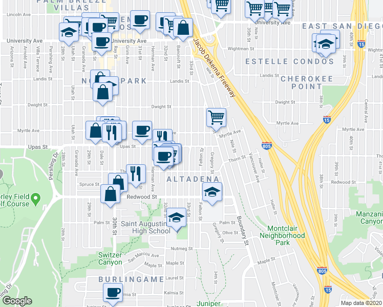 map of restaurants, bars, coffee shops, grocery stores, and more near 3363 33rd Street in San Diego