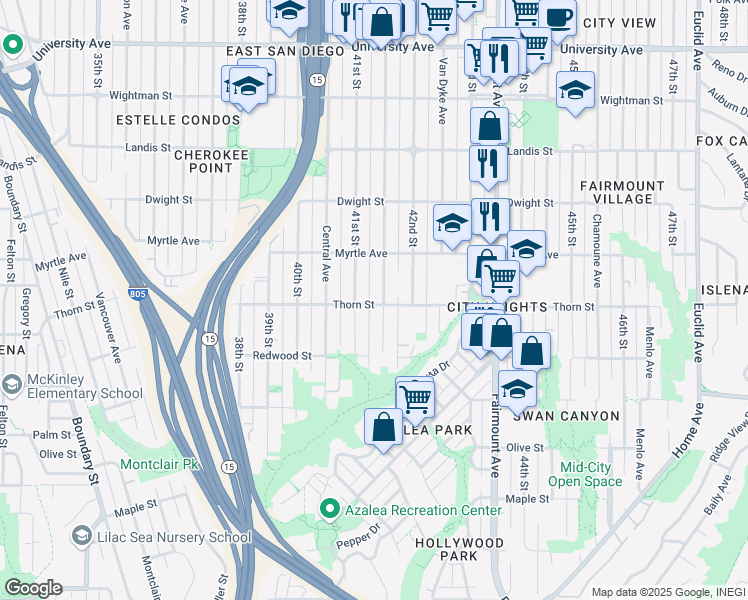 map of restaurants, bars, coffee shops, grocery stores, and more near Thorn Street in San Diego