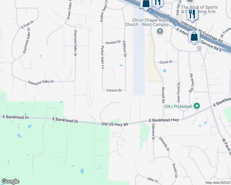 map of restaurants, bars, coffee shops, grocery stores, and more near 130 Carson Drive in Hudson Oaks