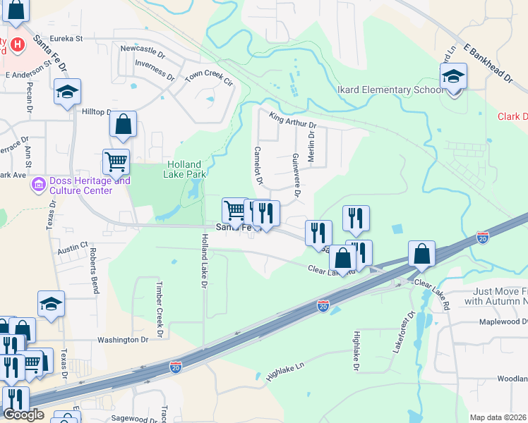 map of restaurants, bars, coffee shops, grocery stores, and more near 102 Guinevere Drive in Weatherford