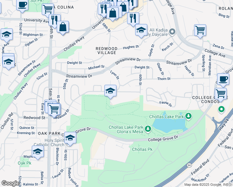 map of restaurants, bars, coffee shops, grocery stores, and more near 5827 Redwood Street in San Diego