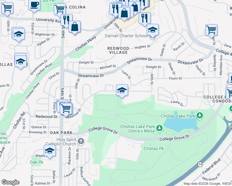 map of restaurants, bars, coffee shops, grocery stores, and more near 5747 Redwood Street in San Diego