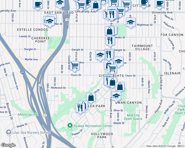 map of restaurants, bars, coffee shops, grocery stores, and more near 4255 Thorn Street in San Diego