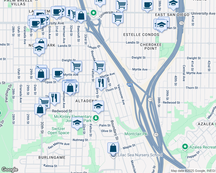 map of restaurants, bars, coffee shops, grocery stores, and more near in San Diego