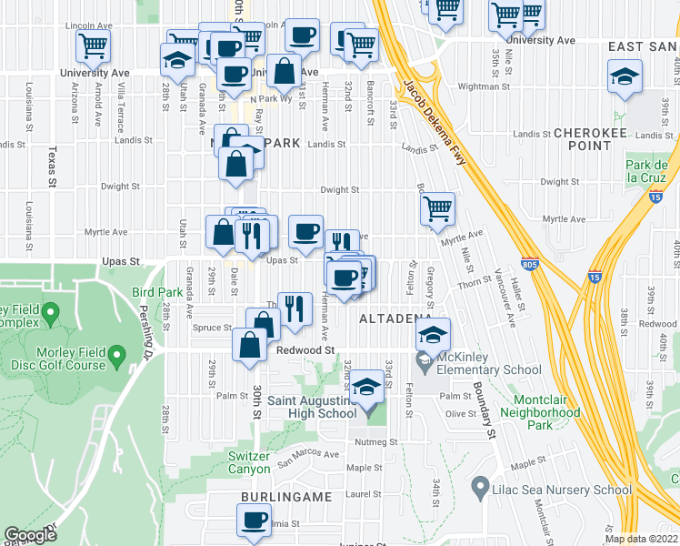 map of restaurants, bars, coffee shops, grocery stores, and more near 3367 Herman Avenue in San Diego