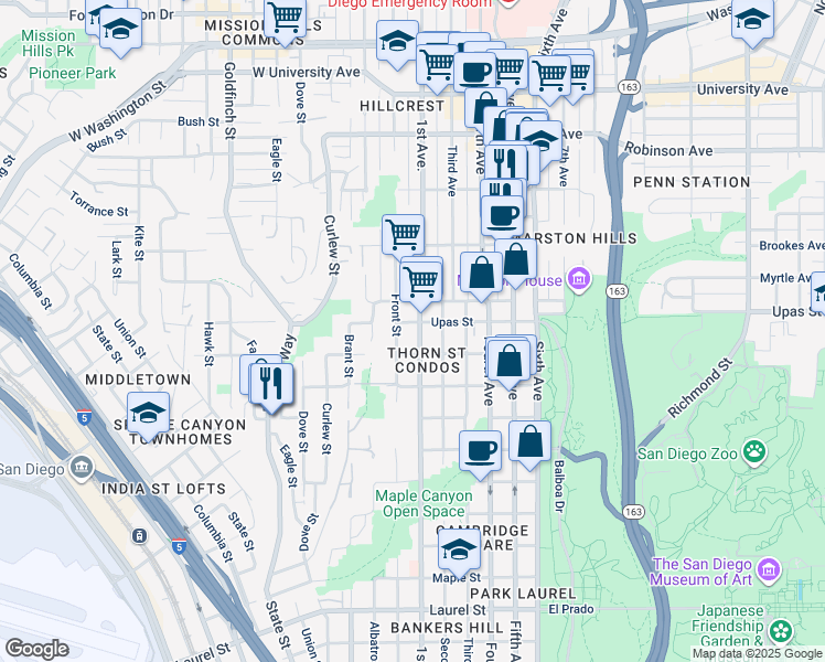 map of restaurants, bars, coffee shops, grocery stores, and more near 3350 Front Street in San Diego