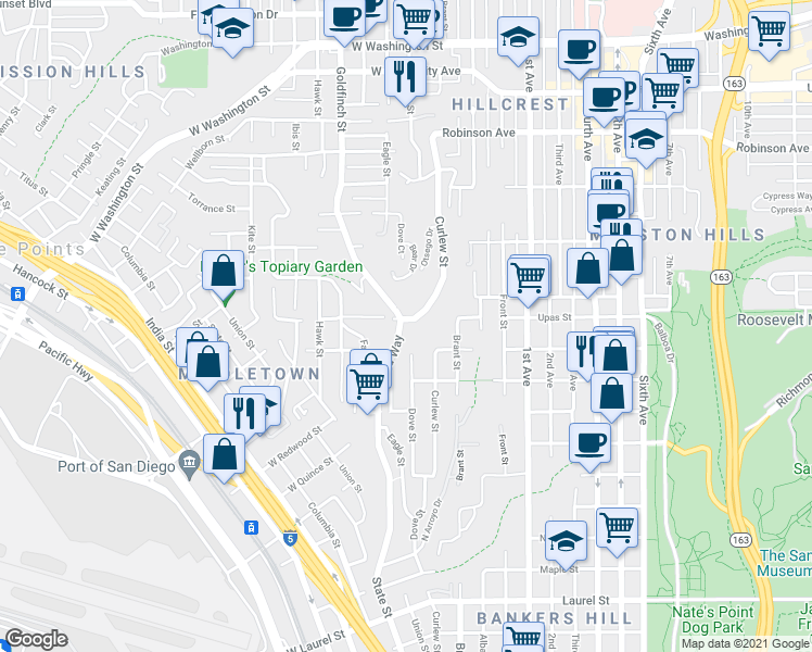 map of restaurants, bars, coffee shops, grocery stores, and more near 3350 Reynard Way in San Diego