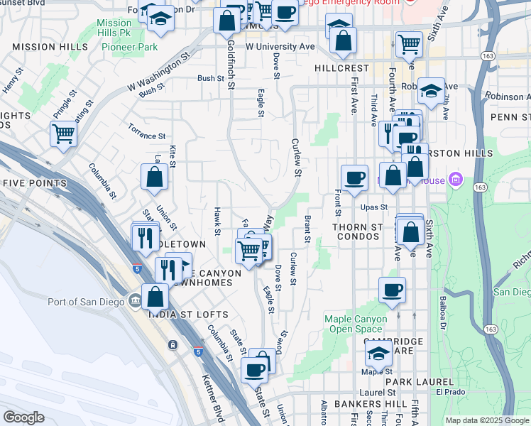map of restaurants, bars, coffee shops, grocery stores, and more near 3350 Reynard Way in San Diego