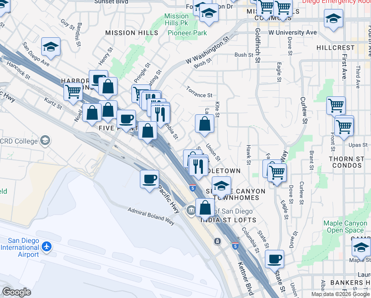 map of restaurants, bars, coffee shops, grocery stores, and more near 1501 Vine Street in San Diego