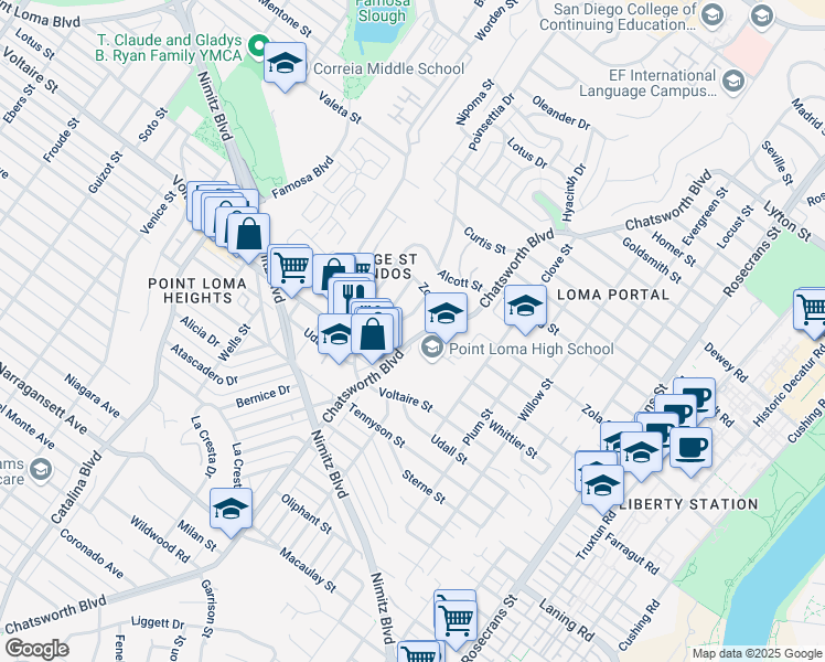 map of restaurants, bars, coffee shops, grocery stores, and more near 2314 Chatsworth Boulevard in San Diego