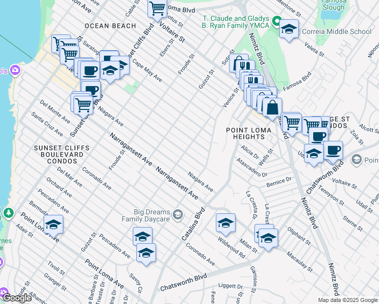 map of restaurants, bars, coffee shops, grocery stores, and more near 4376 Newport Avenue in San Diego