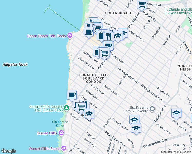 map of restaurants, bars, coffee shops, grocery stores, and more near in San Diego