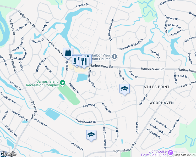 map of restaurants, bars, coffee shops, grocery stores, and more near 1144 Harbor Trace Circle in Charleston