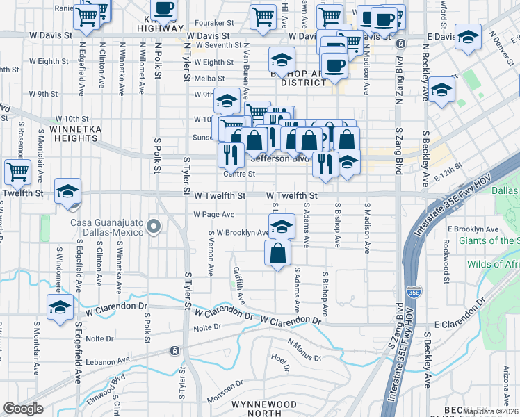 map of restaurants, bars, coffee shops, grocery stores, and more near 605 West Page Avenue in Dallas