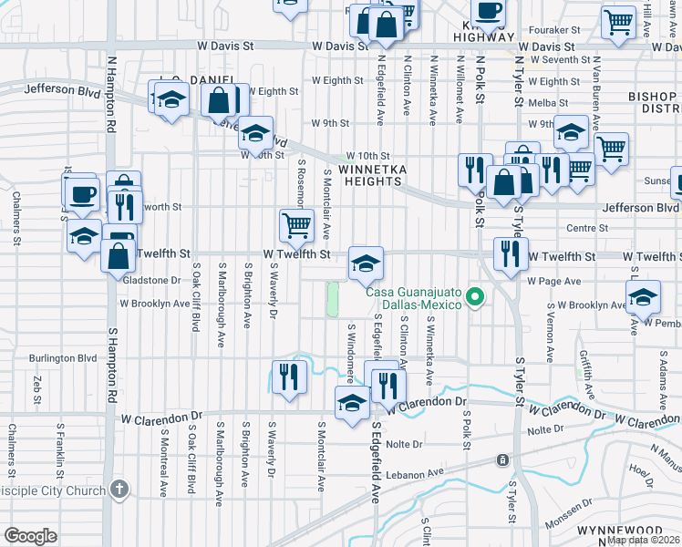 map of restaurants, bars, coffee shops, grocery stores, and more near 1505 West Page Avenue in Dallas
