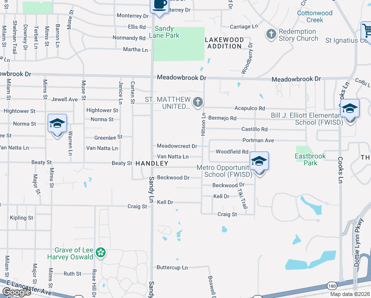 map of restaurants, bars, coffee shops, grocery stores, and more near 7460 Meadowcrest Drive in Fort Worth
