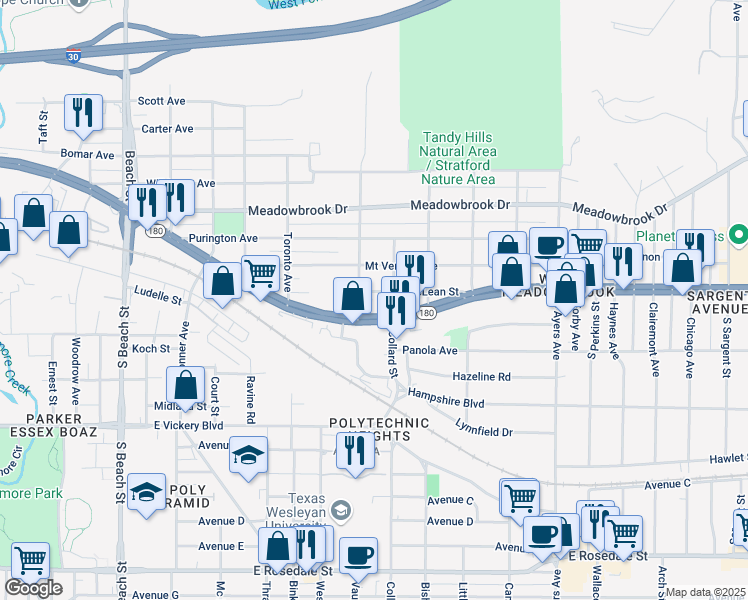 map of restaurants, bars, coffee shops, grocery stores, and more near 3200 Mc Lean Street in Fort Worth
