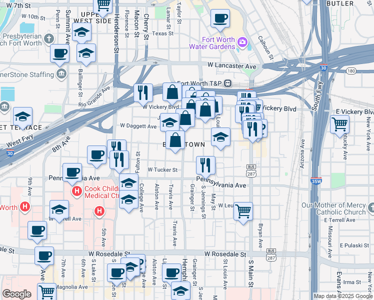 map of restaurants, bars, coffee shops, grocery stores, and more near 420 Hemphill Street in Fort Worth