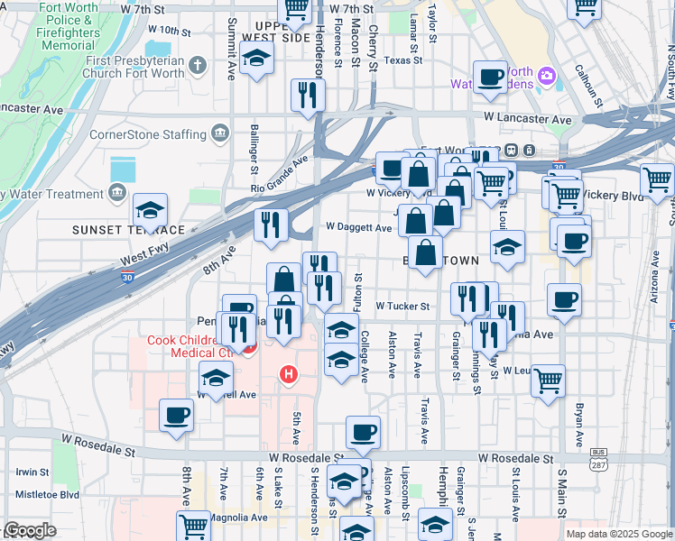 map of restaurants, bars, coffee shops, grocery stores, and more near 424 South Adams Street in Fort Worth