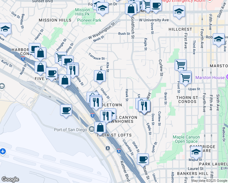 map of restaurants, bars, coffee shops, grocery stores, and more near 3380 Jackdaw Street in San Diego