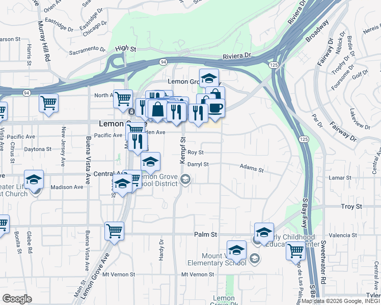 map of restaurants, bars, coffee shops, grocery stores, and more near 8021 Roy Street in Lemon Grove