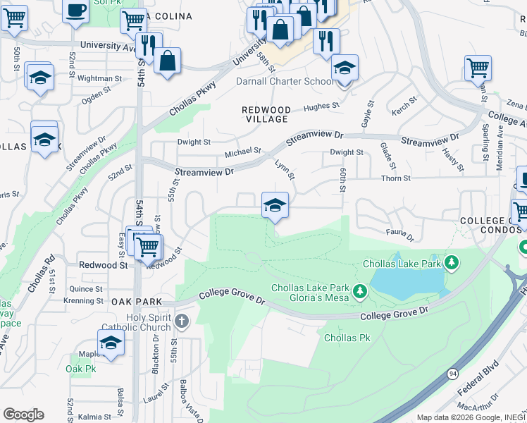 map of restaurants, bars, coffee shops, grocery stores, and more near 5747 Redwood Street in San Diego