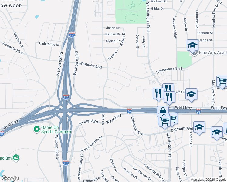 map of restaurants, bars, coffee shops, grocery stores, and more near 9213 Diane Drive in Fort Worth
