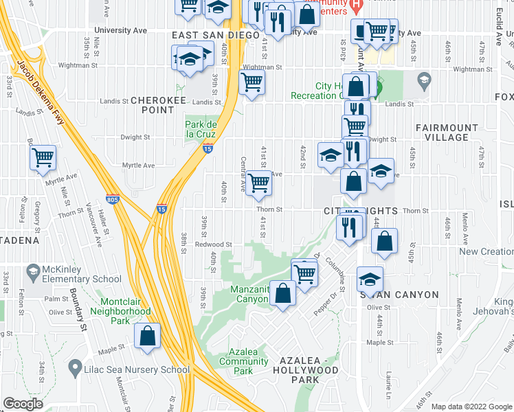 map of restaurants, bars, coffee shops, grocery stores, and more near 4086 Thorn Street in San Diego