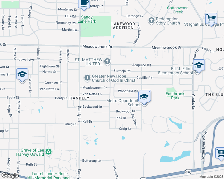 map of restaurants, bars, coffee shops, grocery stores, and more near 2700 Friarford Road in Fort Worth