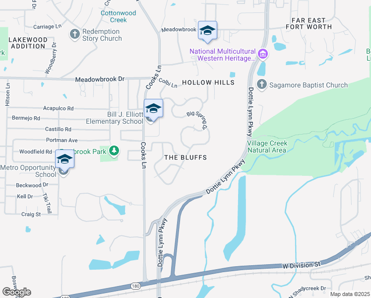map of restaurants, bars, coffee shops, grocery stores, and more near 2724 Big Spring Drive in Fort Worth