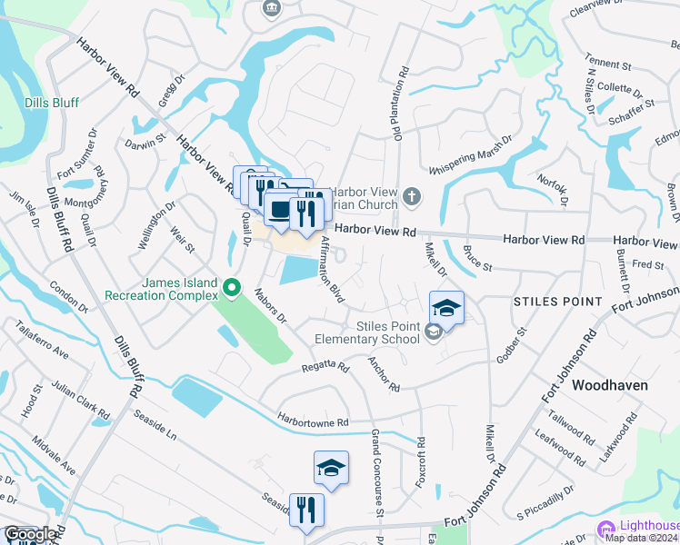 map of restaurants, bars, coffee shops, grocery stores, and more near 1144 Harbor Trace Circle in Charleston