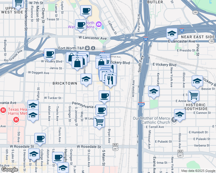 map of restaurants, bars, coffee shops, grocery stores, and more near 328 Bryan Avenue in Fort Worth
