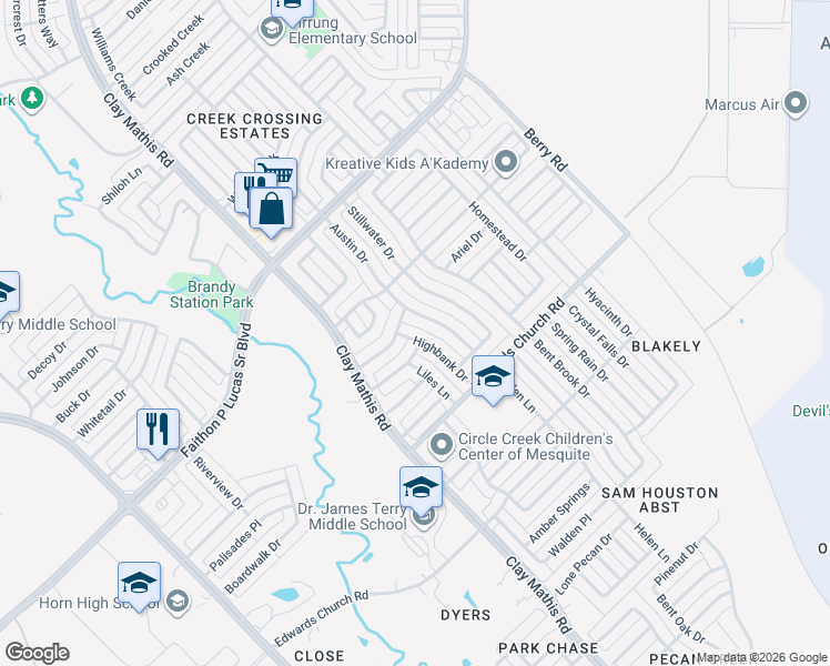 map of restaurants, bars, coffee shops, grocery stores, and more near 2318 Highbank Drive in Mesquite