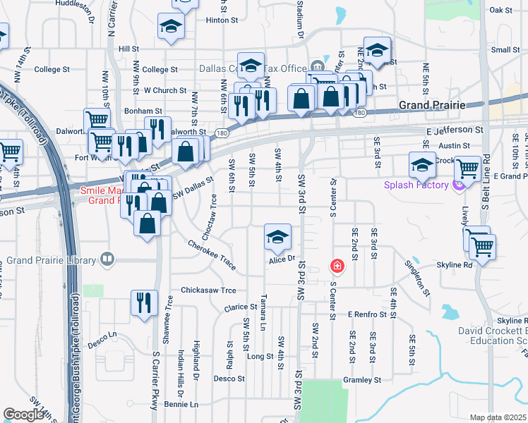 map of restaurants, bars, coffee shops, grocery stores, and more near 421 Motley St in Grand Prairie
