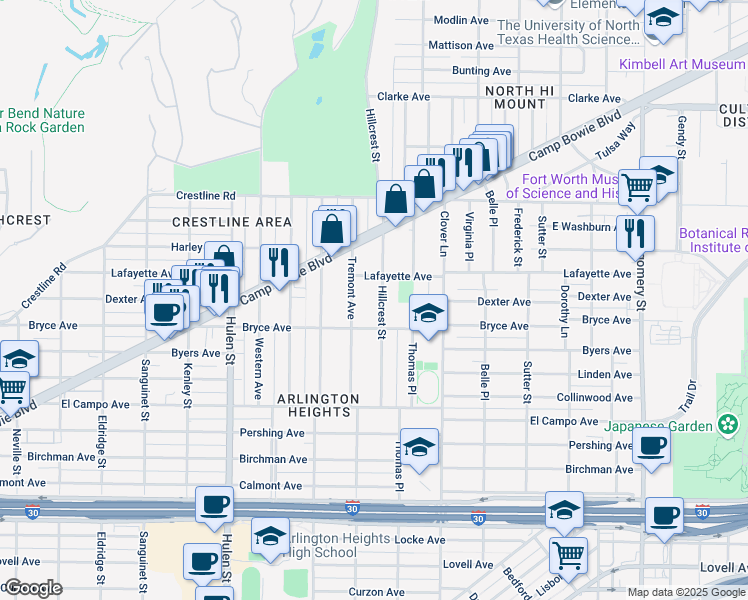 map of restaurants, bars, coffee shops, grocery stores, and more near 2000 Hillcrest Street in Fort Worth