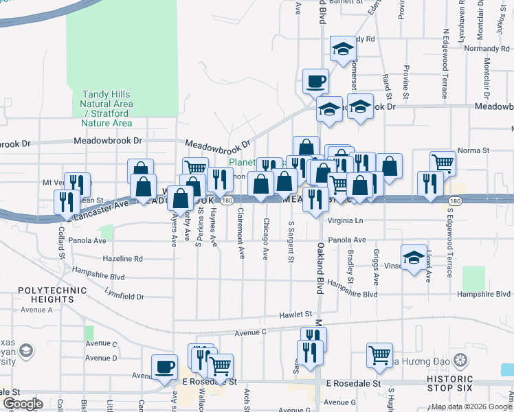 map of restaurants, bars, coffee shops, grocery stores, and more near 4000 Texas 180 in Fort Worth