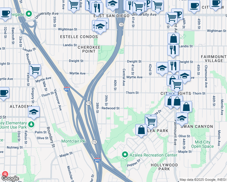 map of restaurants, bars, coffee shops, grocery stores, and more near 3304 40th Street in San Diego
