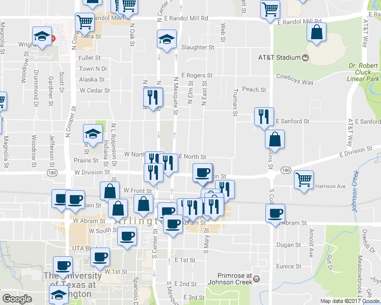 map of restaurants, bars, coffee shops, grocery stores, and more near 301 East North Street in Arlington
