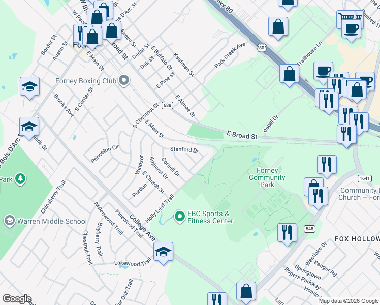 map of restaurants, bars, coffee shops, grocery stores, and more near 201 Dartmouth Drive in Forney