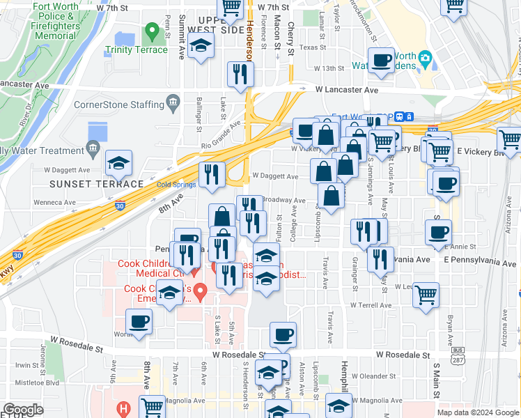 map of restaurants, bars, coffee shops, grocery stores, and more near 424 South Adams Street in Fort Worth