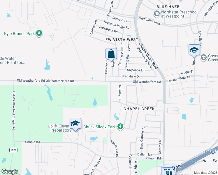 map of restaurants, bars, coffee shops, grocery stores, and more near 2220 Wakecrest Drive in Fort Worth
