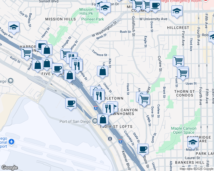 map of restaurants, bars, coffee shops, grocery stores, and more near 1356 West Upas Street in San Diego