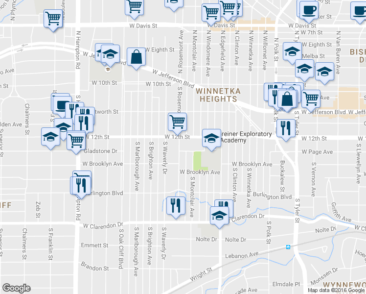 map of restaurants, bars, coffee shops, grocery stores, and more near 520 South Rosemont Avenue in Dallas