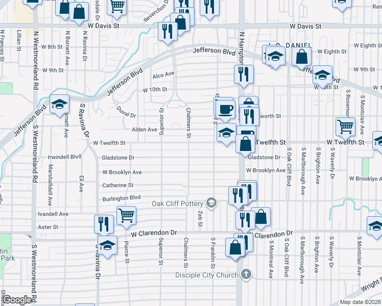 map of restaurants, bars, coffee shops, grocery stores, and more near 2547 Gladstone Drive in Dallas